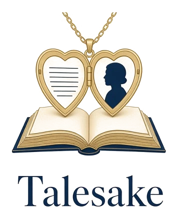 Talesake logo: an open heart locket on an open book